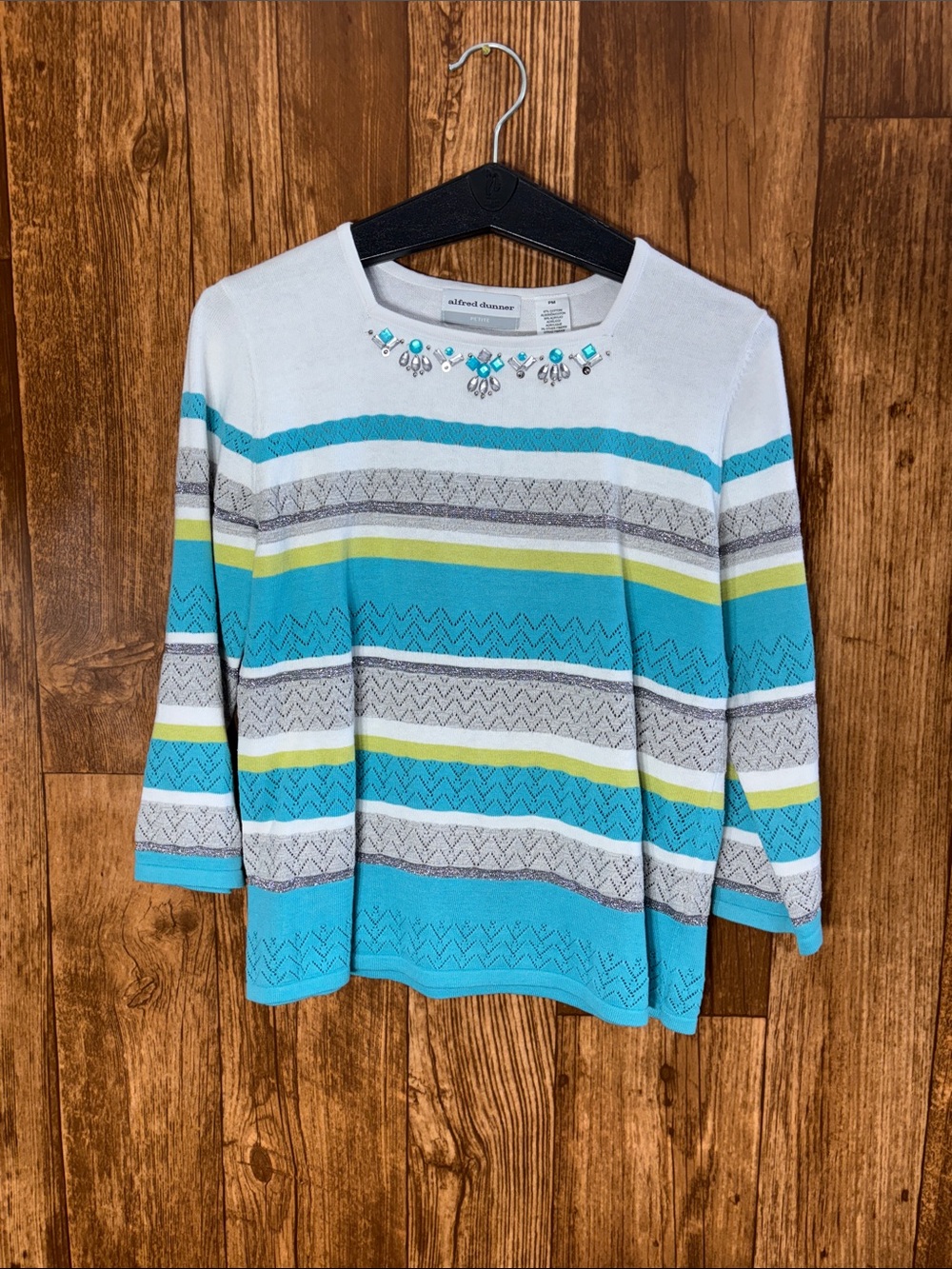 Alfred Dunner Teal, White & Lime Striped Knit Sweater with Embellished Neckline